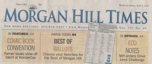Headline banner in the Morgan Hill Times advertising an article by writer Angela Young