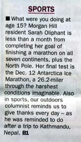 Scan of a front page teaser about an article about Sarah Oliphant by writer Angela Young
